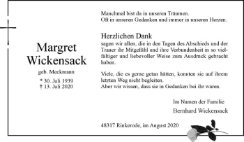 Anzeige von Margret Wickensack von Westfälische Nachrichten