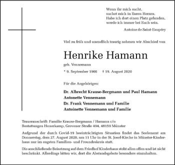 Anzeige von Henrike Hamann von Westfälische Nachrichten