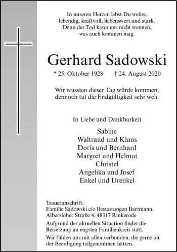 Anzeige von Gerhard Sadowski von Westfälische Nachrichten
