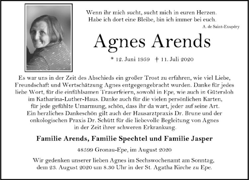  Traueranzeige für Agnes Arends vom 18.08.2020 aus Westfälische Nachrichten