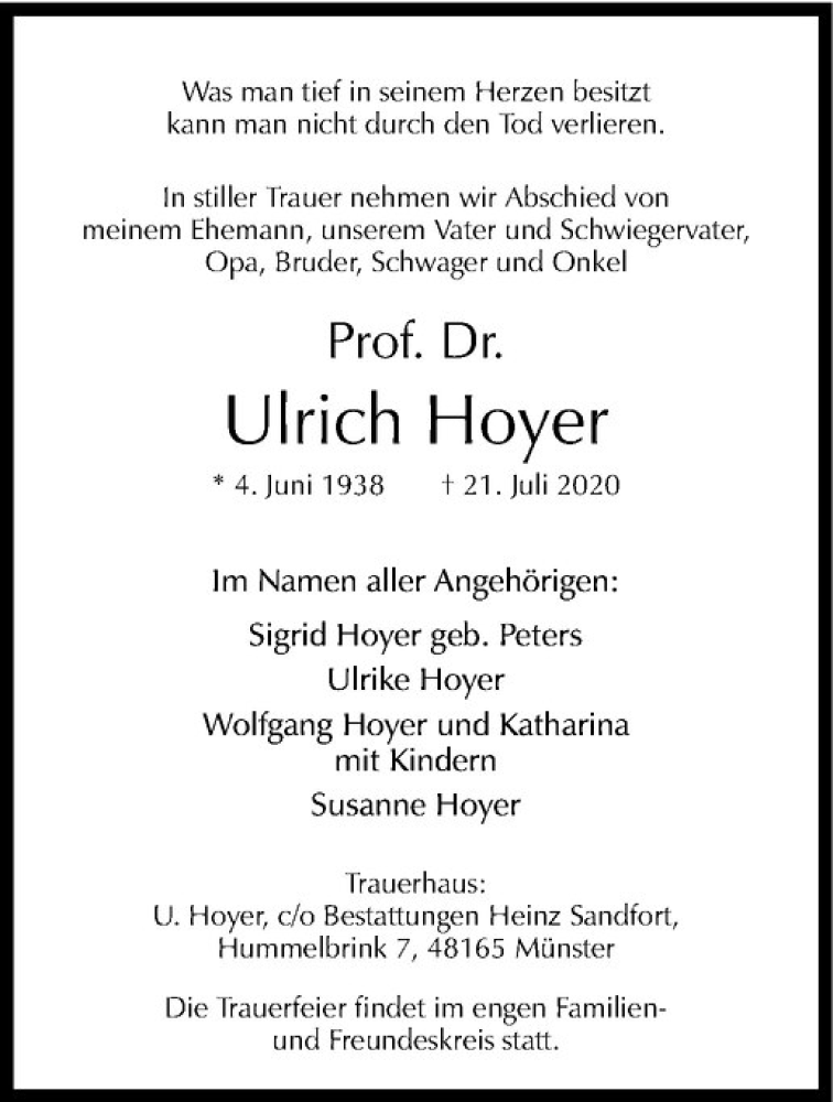  Traueranzeige für Ulrich Hoyer vom 25.07.2020 aus Westfälische Nachrichten