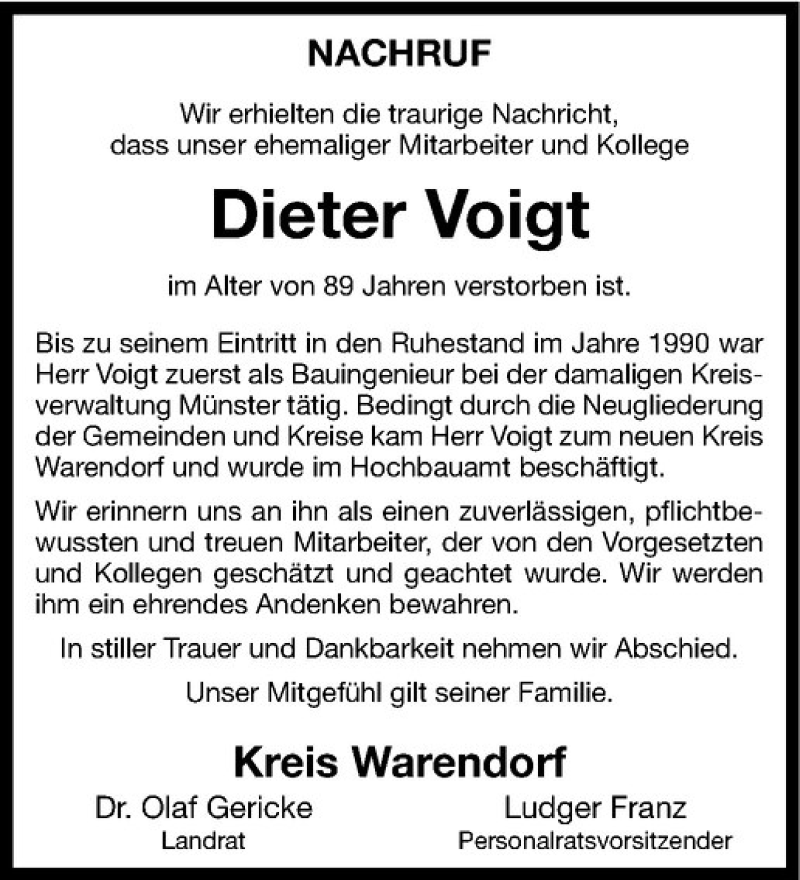  Traueranzeige für Dieter Voigt vom 13.08.2020 aus Westfälische Nachrichten