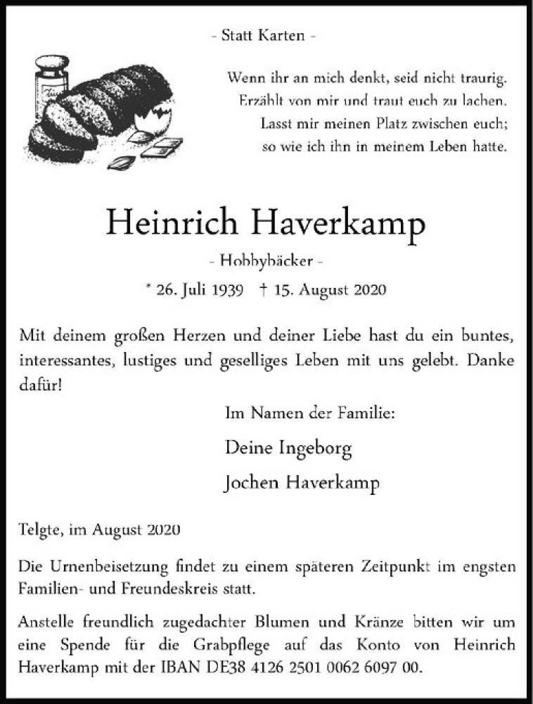  Traueranzeige für Heinrich Haverkamp vom 19.08.2020 aus Westfälische Nachrichten