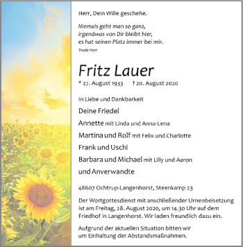 Anzeige von Fritz Lauer von Westfälische Nachrichten