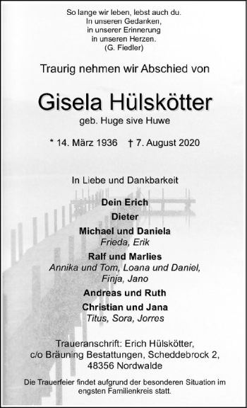 Anzeige von Gisela Hülskötter von Westfälische Nachrichten