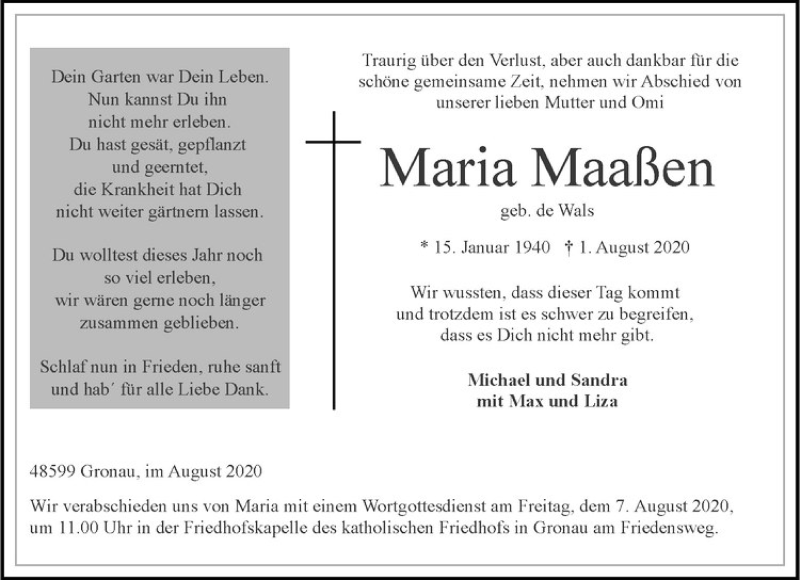  Traueranzeige für Maria Maaßen vom 04.08.2020 aus Westfälische Nachrichten