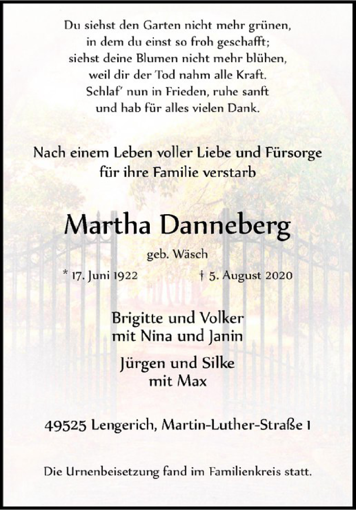  Traueranzeige für Martha Dannerberg vom 22.08.2020 aus Westfälische Nachrichten
