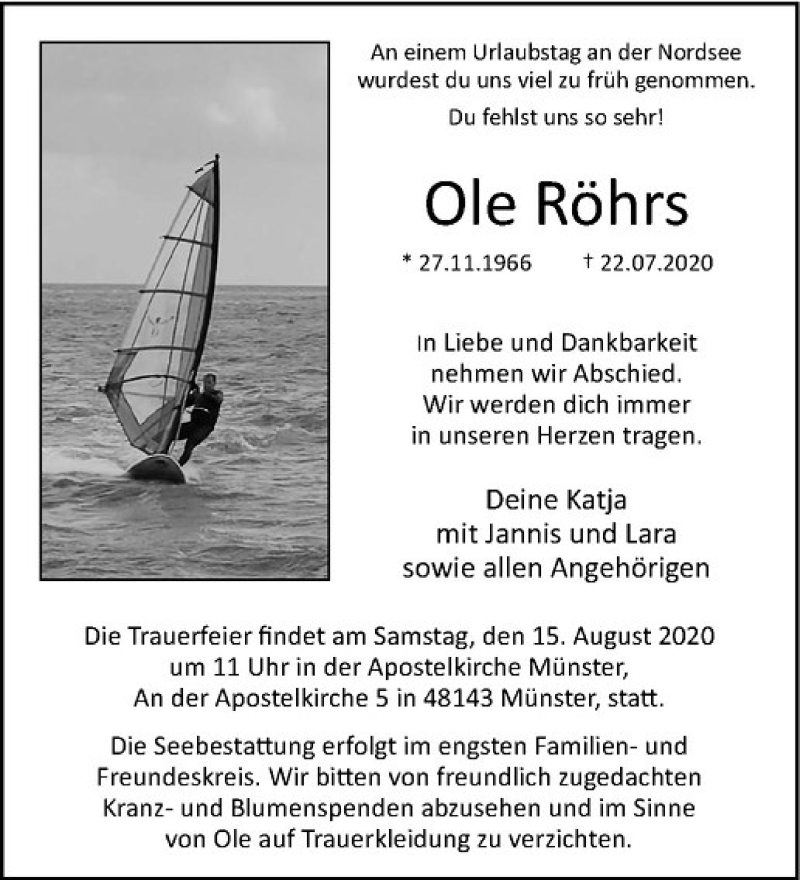  Traueranzeige für Ole Röhrs vom 01.08.2020 aus Westfälische Nachrichten