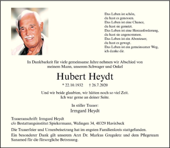Anzeige von Hubert Heydt von Westfälische Nachrichten