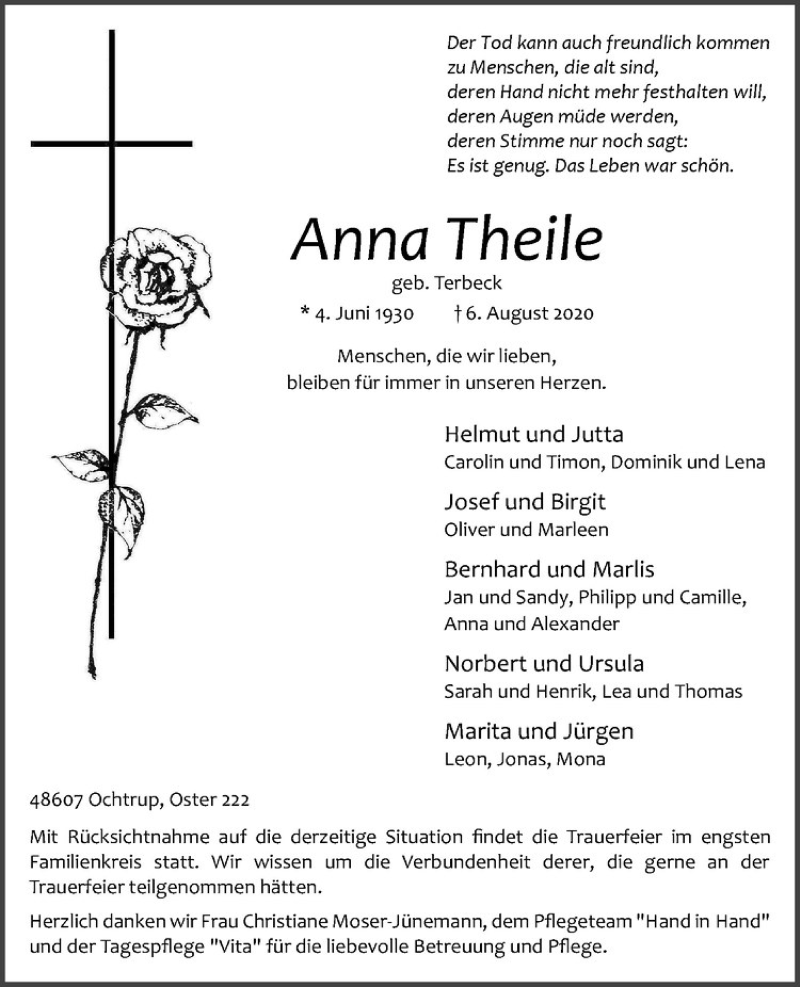  Traueranzeige für Anna Theile vom 08.08.2020 aus Westfälische Nachrichten