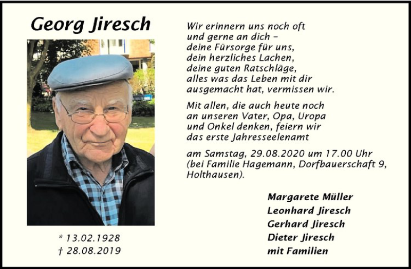  Traueranzeige für Georg Jiresch vom 22.08.2020 aus Westfälische Nachrichten