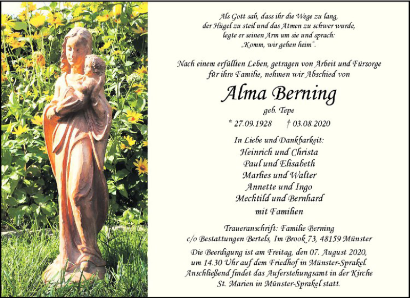 Traueranzeige für Alma Berning vom 05.08.2020 aus Westfälische Nachrichten