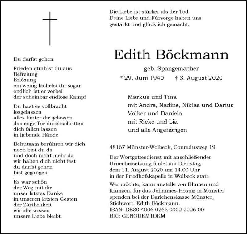  Traueranzeige für Edith Böckmann vom 08.08.2020 aus Westfälische Nachrichten