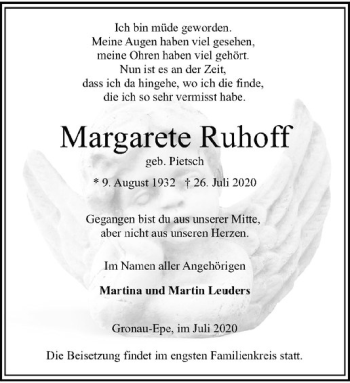 Anzeige von Margarete Ruhoff von Westfälische Nachrichten