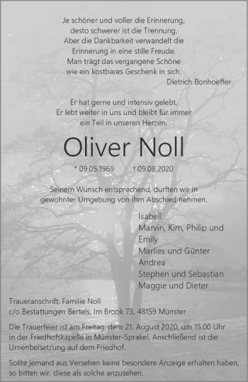 Anzeige von Oliver Noll von Westfälische Nachrichten
