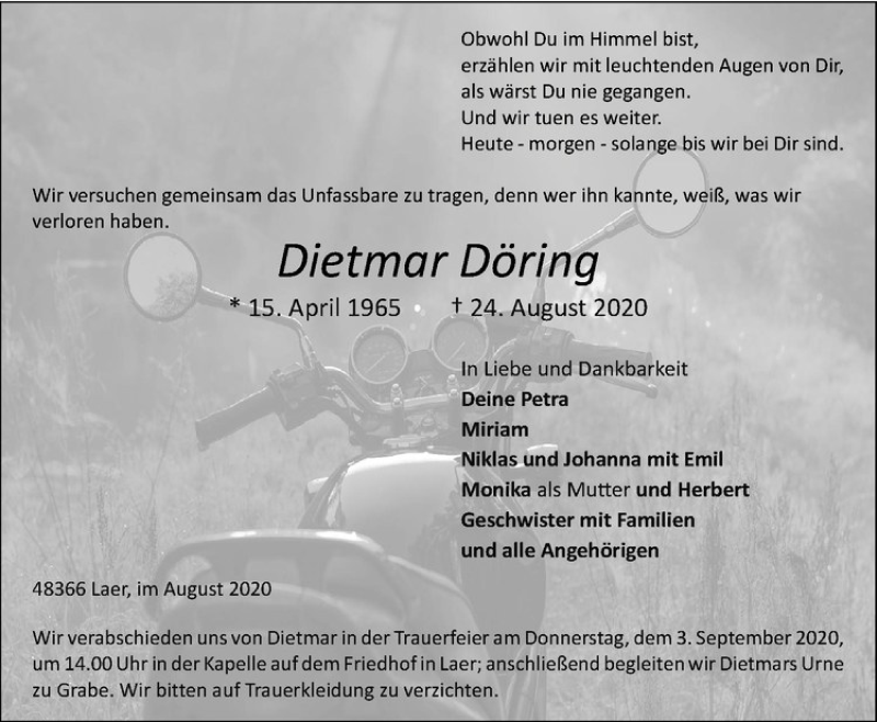  Traueranzeige für Dietmar Döring vom 29.08.2020 aus Westfälische Nachrichten