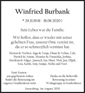 Anzeige von Winfried Burbank von Westfälische Nachrichten