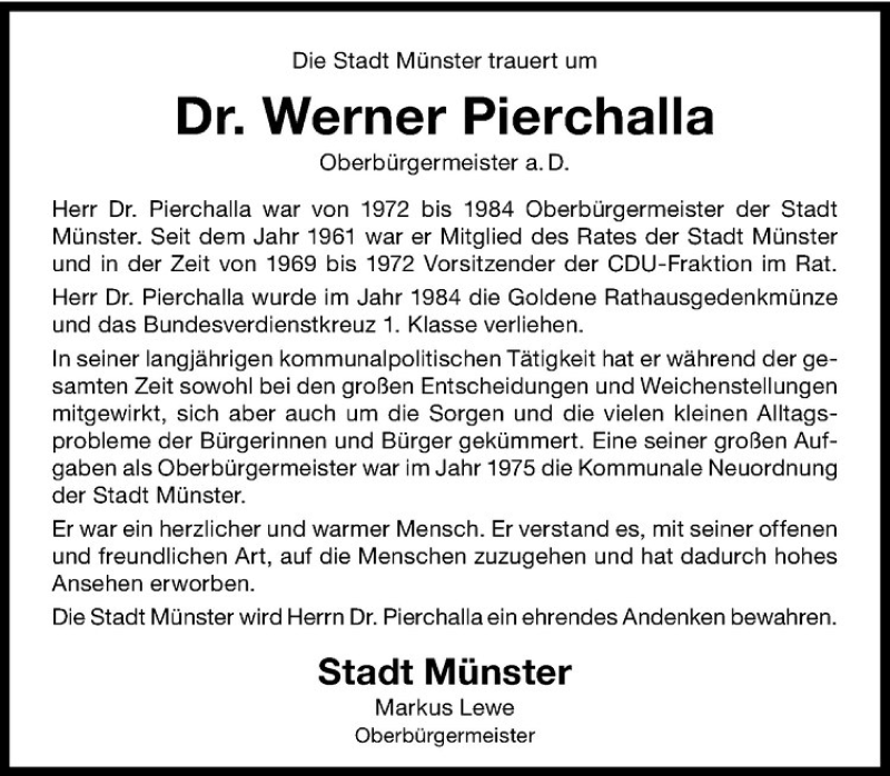  Traueranzeige für Werner Pierchalla vom 15.08.2020 aus Westfälische Nachrichten