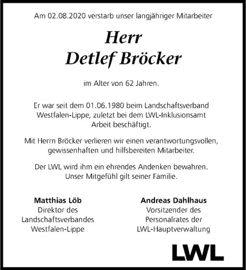  Traueranzeige für Detlef Bröcker vom 11.08.2020 aus Westfälische Nachrichten