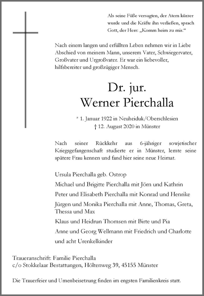  Traueranzeige für Werner Pierchalla vom 15.08.2020 aus Westfälische Nachrichten