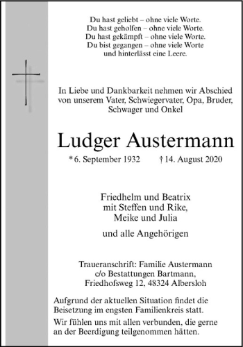 Anzeige von Ludger Austermannn von Westfälische Nachrichten