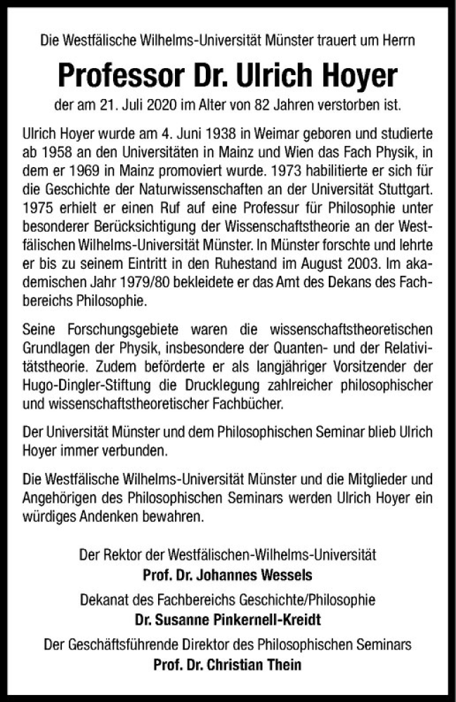  Traueranzeige für Ulrich Hoyer vom 08.08.2020 aus Westfälische Nachrichten