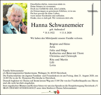 Anzeige von Hanna Schwanemeier von Westfälische Nachrichten