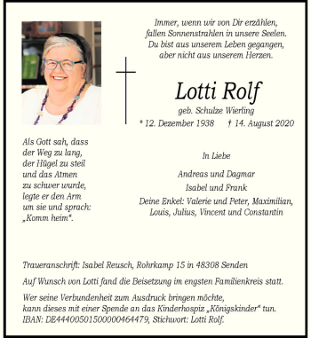 Anzeige von Lotti Rolf von Westfälische Nachrichten