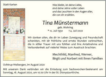 Anzeige von Tina Münstermann von Westfälische Nachrichten
