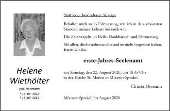 Anzeige von Helene Wiethölter von Westfälische Nachrichten