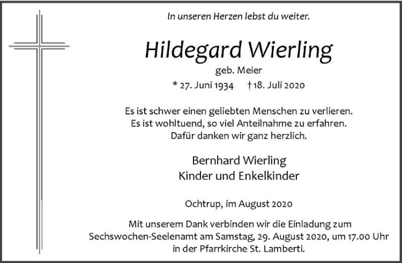  Traueranzeige für Hildegard Wierling vom 26.08.2020 aus Westfälische Nachrichten