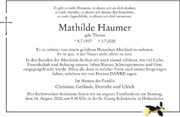 Anzeige von Mathilde Haumer von Westfälische Nachrichten