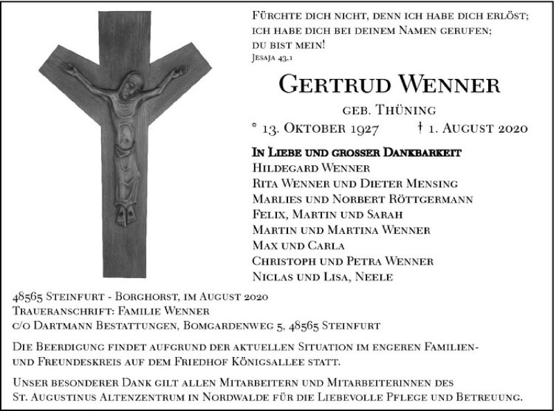  Traueranzeige für Gertrud Wenner vom 05.08.2020 aus Westfälische Nachrichten