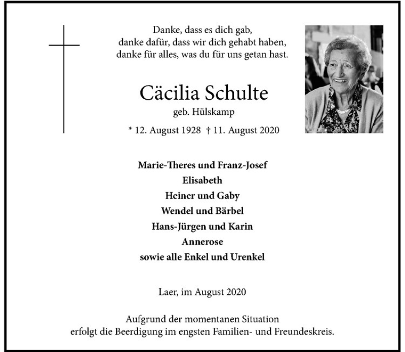  Traueranzeige für Cäcilia Schulte vom 13.08.2020 aus Westfälische Nachrichten