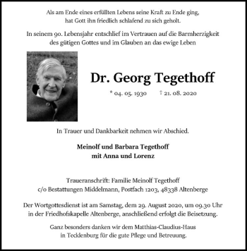 Anzeige von Georg Dr. Tegethoff von Westfälische Nachrichten