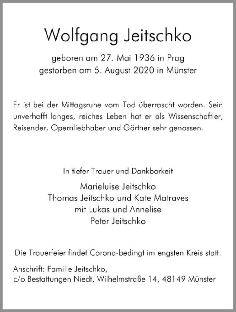  Traueranzeige für Wolfgang Jeitschko vom 08.08.2020 aus Westfälische Nachrichten