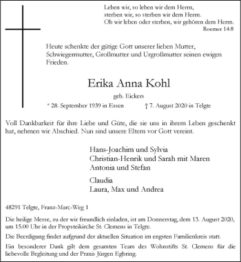 Anzeige von Erika Anna Kohl von Westfälische Nachrichten