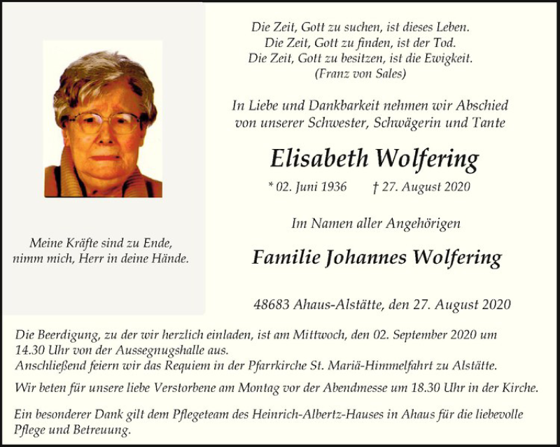  Traueranzeige für Elisabeth Wolfering vom 31.08.2020 aus Westfälische Nachrichten