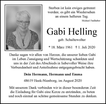 Anzeige von Gabi Helling von Westfälische Nachrichten