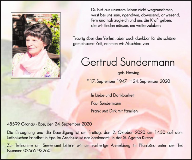  Traueranzeige für Gertrud Sundermann vom 29.09.2020 aus Westfälische Nachrichten