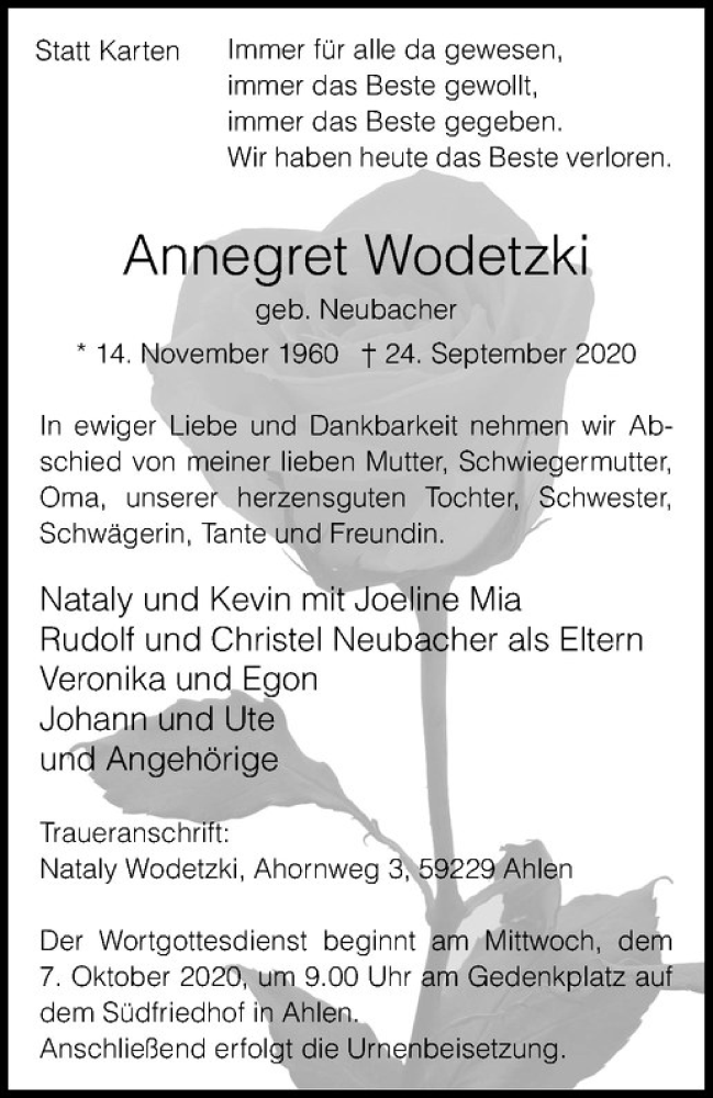  Traueranzeige für Annegret Wodetzki vom 30.09.2020 aus Westfälische Nachrichten