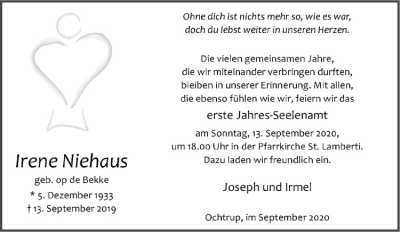  Traueranzeige für Irene Niehaus vom 09.09.2020 aus Westfälische Nachrichten