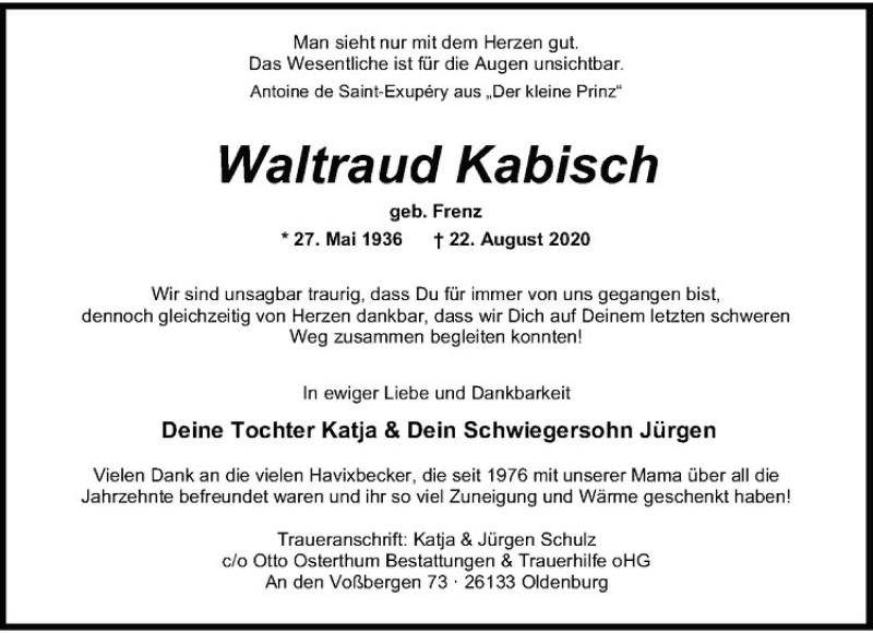  Traueranzeige für Waltraud Kabisch vom 07.09.2020 aus Westfälische Nachrichten