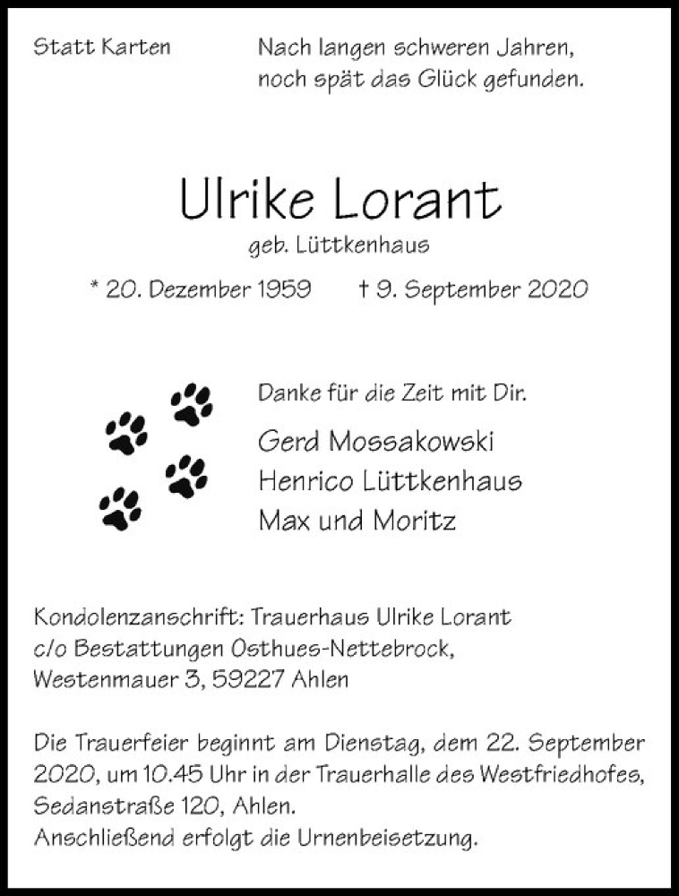  Traueranzeige für Ulrike Lorant vom 17.09.2020 aus Westfälische Nachrichten