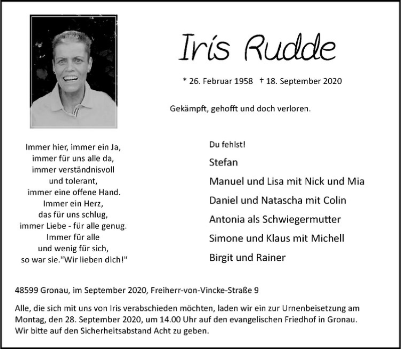  Traueranzeige für Iris Rudde vom 23.09.2020 aus Westfälische Nachrichten
