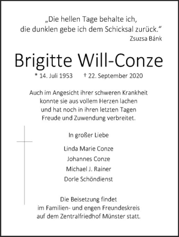 Anzeige von Brigitte Will-Conze von Westfälische Nachrichten