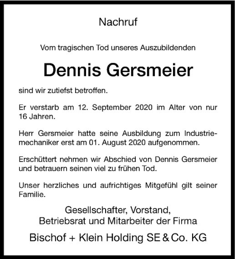  Traueranzeige für Dennis Gersmeier vom 17.09.2020 aus Westfälische Nachrichten