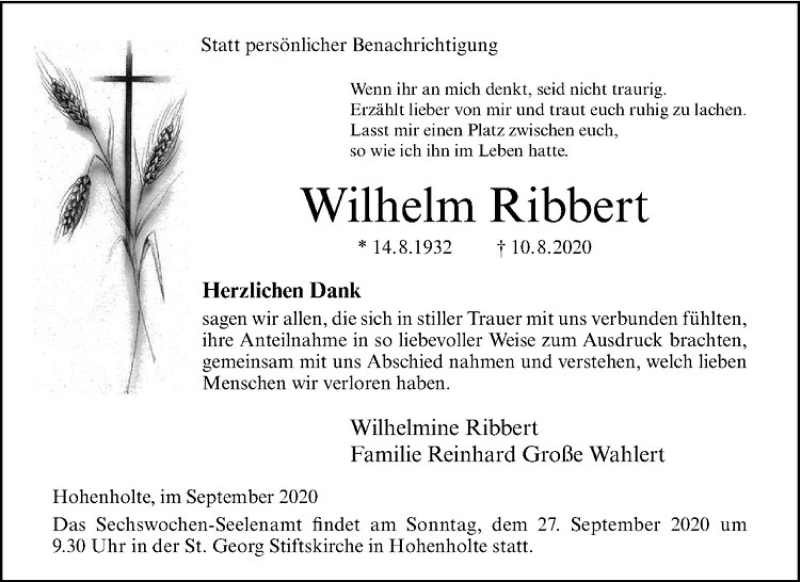  Traueranzeige für Wilhelm Ribbert vom 19.09.2020 aus Westfälische Nachrichten