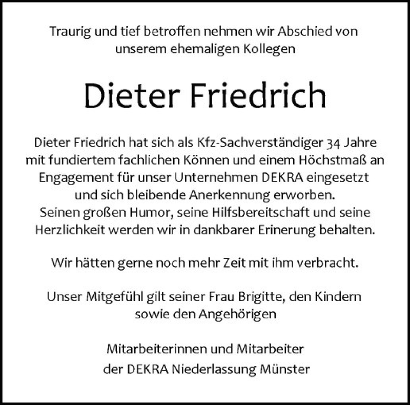  Traueranzeige für Dieter Friedrich vom 24.09.2020 aus Westfälische Nachrichten
