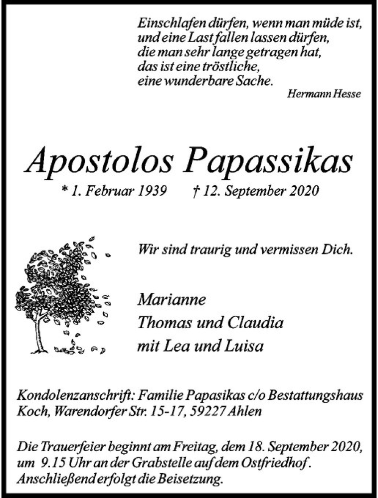  Traueranzeige für Apostolos Papassikas vom 16.09.2020 aus Westfälische Nachrichten
